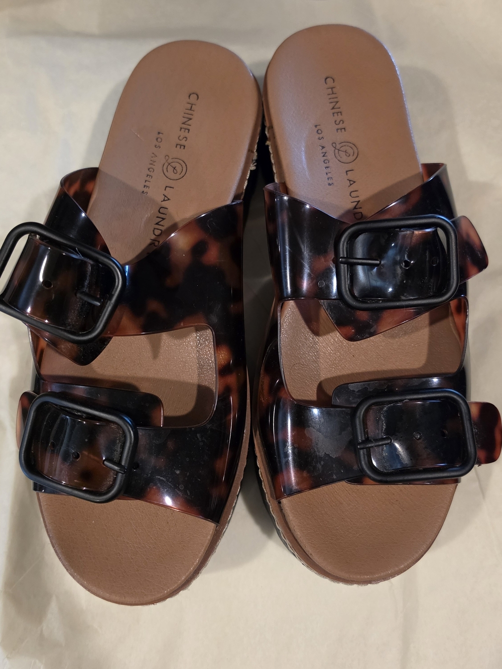 Chinese Laundry Tortoiseshell Double Buckle Slide Sandals in Brown/Black